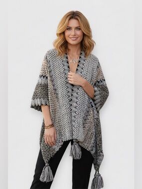 Colorful Draped Tassel Crochet Ruana, Cozy Shawl one size.